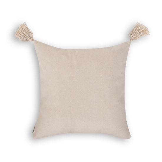 Backside of Handmade brown blockprint boho cushion cover with tassels 