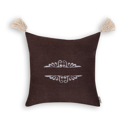 Banau Brown Block pint cushion cover with tassels with white background