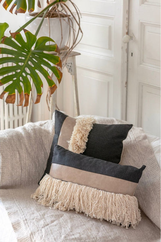 Boho Throw pillow cover with short fringes in black and ecru