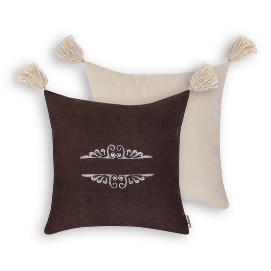 Handmade brown blockprint boho cushion cover with beige cotton back side and tassels