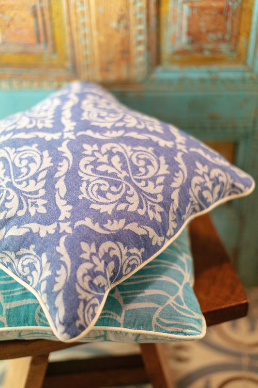 Blue Throw pillow with elegant damask pattern