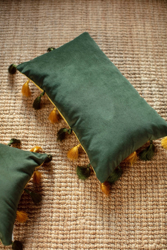 30 x 60cm Green Handmade Velvet Throw Pillow Cover with fringes on floor, home decor, 