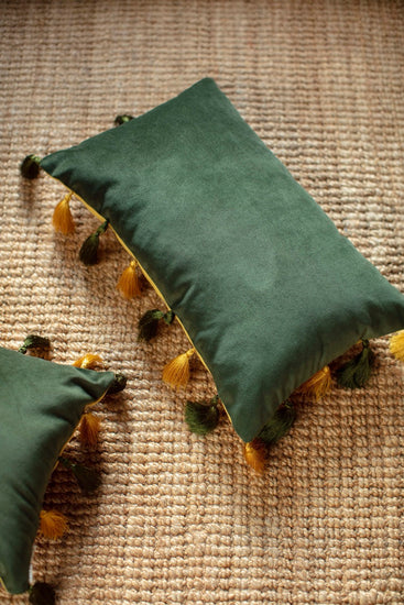 30 x 60cm Green Handmade Velvet Throw Pillow Cover with fringes on floor, home decor, 