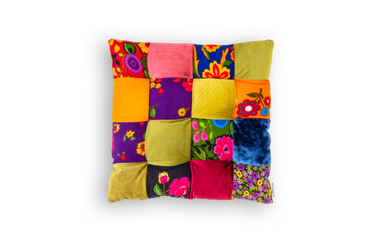 Multicolored patchwork cushion in flowers and yellow, 