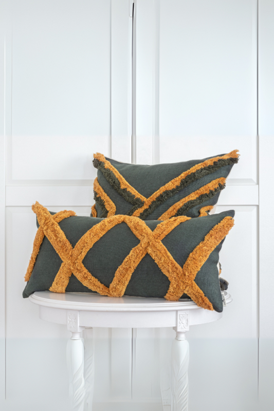 Green Boho style decorative throw pillow cover set with textured yellow stitching in rectangle and square