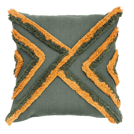 Square green Boho pillow cover with geometric cotton stitching in mustard yellow and olive green
