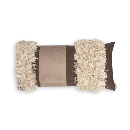 brown rectangular Bohemian pillow cover with faux leather center and handmade cotton tassels