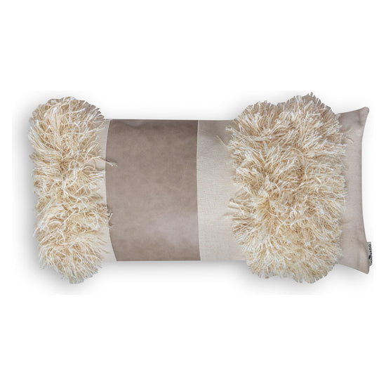 ecru rectangular Bohemian pillow cover with faux leather center and handmade cotton tassels