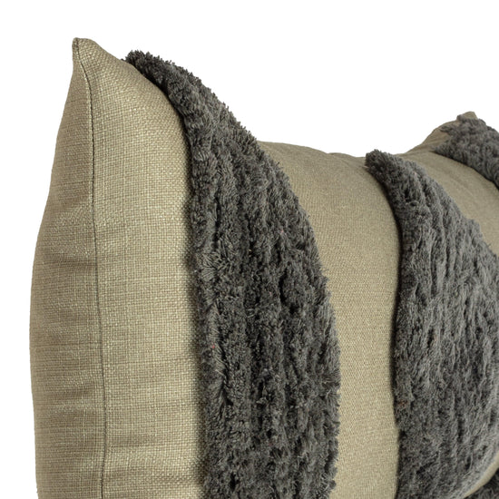 Close-up of green Bohemian Darel square cushion cover with textured cotton fringe design