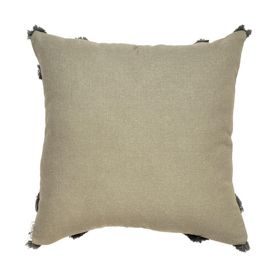 Back side of green Bohemian Darel square cushion cover with textured cotton fringe design