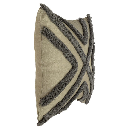Side view of green Bohemian Darel square cushion cover with textured cotton fringe design