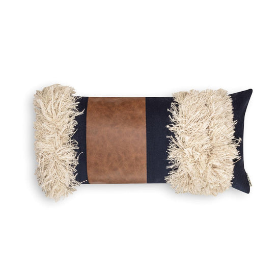Navy blue rectangular Bohemian pillow cover with faux leather center and handmade cotton tassels