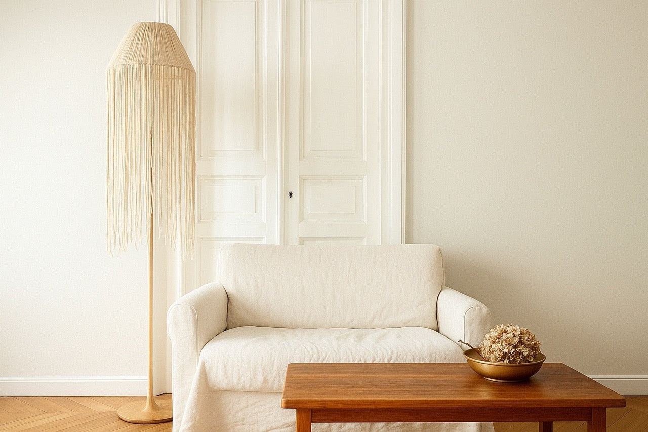 Minimalist living room with a cream sofa, natural wood coffee table, and neutral tones