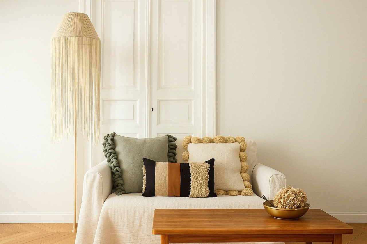 beige sofa with three decorative pillows, next to a fringed floor lamp and wooden coffee table 